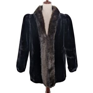 Jordache‎ 1980s Faux Fur Coat Black Brown Trim Puff Sleeve Vintage Size 5/6